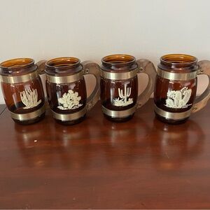 Fabulous Set of 4 Siesta Ware Brown Glass Western Barrel Mugs w/ Wooden handles